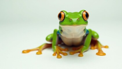 Obraz premium Green tree frog perched on white, vibrant skin, large eyes, clean background, high resolution