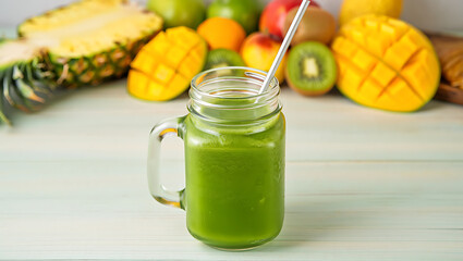 A vibrant green smoothie with assorted fresh fruits, perfect for a healthy start to the day.