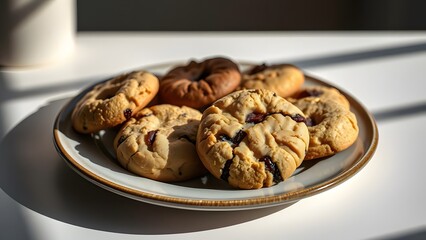 Plate of assorted chocolate chip cookies in sunlight on white table, homemade sweet dessert closeup.  