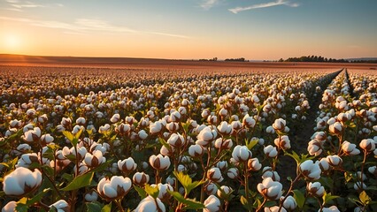 Cotton field at sunset with fluffy white plants, agricultural landscape during harvest season, rural farming scene.  