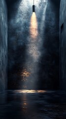 Dimly Lit Corridor with Spotlight Illuminating Textured Wall and Floor, Creating an Eerie Atmosphere