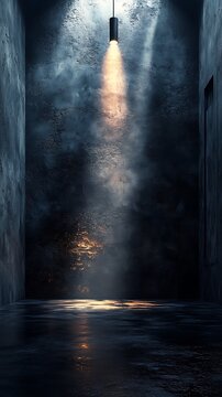 Dimly Lit Corridor with Spotlight Illuminating Textured Wall and Floor, Creating an Eerie Atmosphere