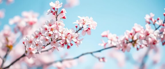 Obraz premium Soft-focus abstract art of pale pink cherry blossoms gently fading into a light blue sky, illustration, abstract