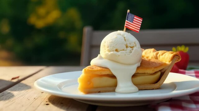 Tempting custard pie slice topped with ice cream and American flag, perfect for Independence Day celebration. 