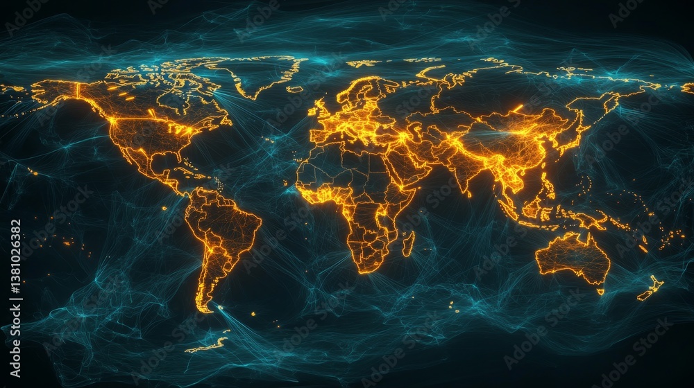 Poster global connectivity visualized digital map of illuminated networks across continents technology digi