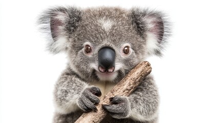 Naklejka premium Playful koala holding stick australia animal portrait studio setting close-up wildlife conservation