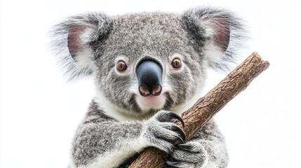 Fototapeta premium Playful koala holding stick australian forest wildlife photography natural habitat close-up animal behavior