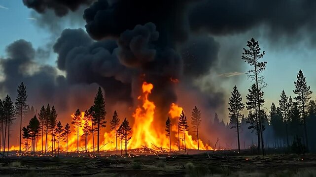 Forest Fire Inferno: A Devastating Blaze Engulfs Trees, Smoke billows into the sky, creating a dramatic and alarming scene.