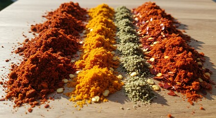 Spices Array: Red Pepper Powder, Turmeric, Dried Herbs, Chili Flakes on Wood.