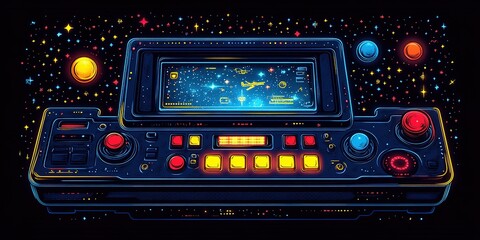Obraz premium Vintage space control panel showcasing retro design and glowing buttons set against a cosmic background filled with stars and planets