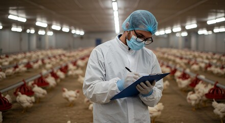 A poultry farm worker in protective gear meticulously records data on a clipboard amidst rows of chickens, concept for agriculture, livestock, and food production industries
