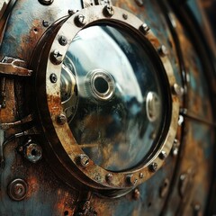 Detailed close-up of a steampunk-style, rusted metal sphere with a circular viewing port.  Complex machinery and gears are visible within