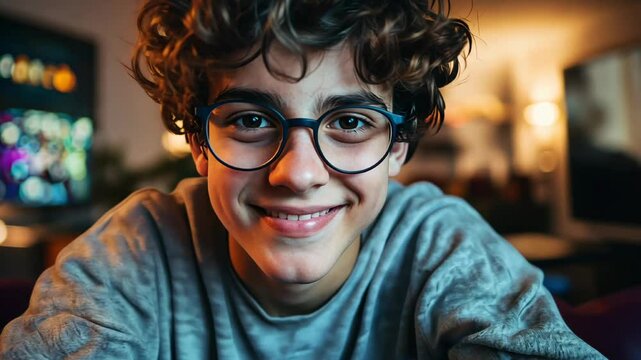 Young teenage gamer with curly hair and black glasses