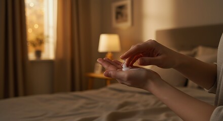 Evening Skincare: Hands Applying Cream in Warm Bedroom Light.
