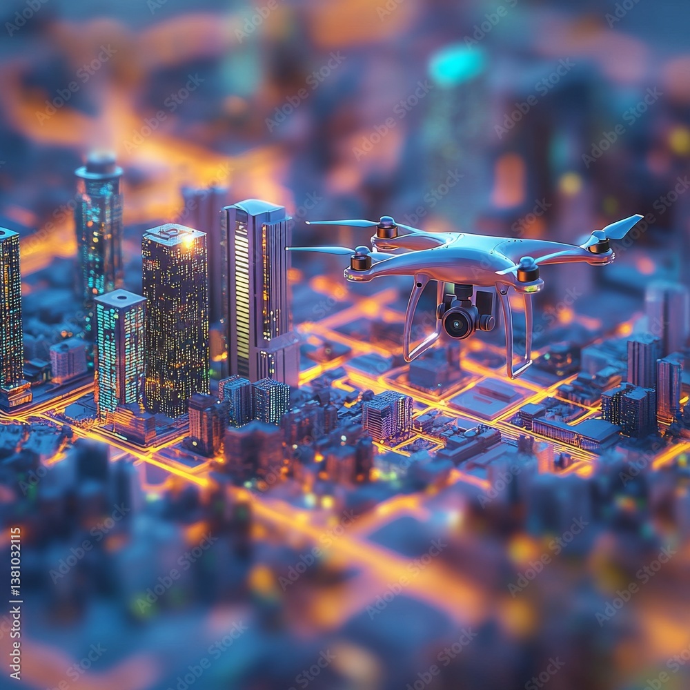 Poster aerial view of a drone flying over a futuristic cityscape with glowing streets and modern architectu