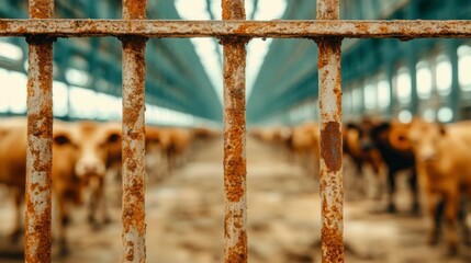 Rusty Metal Bars Blurring Tan and Brown Cows in Barn Setting