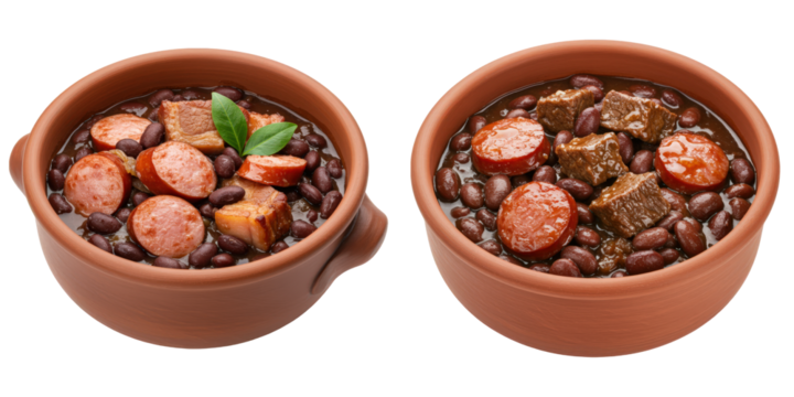 Two bowls of hearty bean stew with sausage and meat.