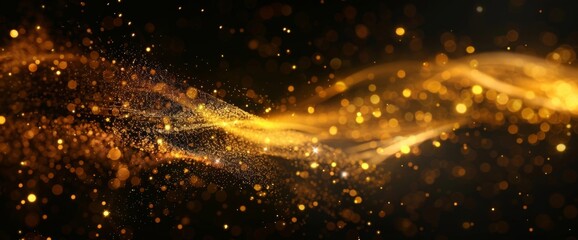Gold magic glitter dust light with star shine. Golden flare shine in black background. Luxury Christmas stardust powder explosion. Flying abstract yellow firefly spray trail and flash swirl line