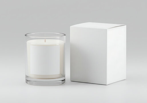 White candle in glass jar mockup with box for product presentation and branding on a light background