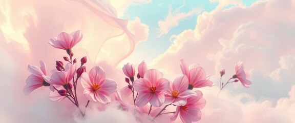 Fototapeta premium Ethereal blooms unfurl amidst swirling pastel cloudscapes , art, close-up
