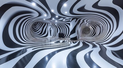 Mesmerizing op art optical illusion room with bold black and white geometric patterns distorted perspectives reflective surfaces and visually dynamic designs creating a mind bending spatial experience