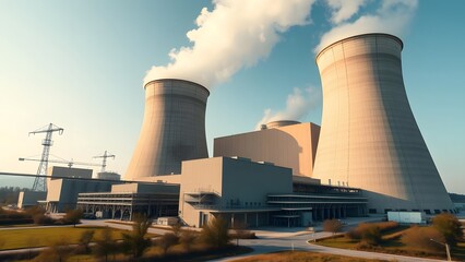 Modern nuclear power plant with cooling towers and cranes on clear day, industrial energy production facility.  