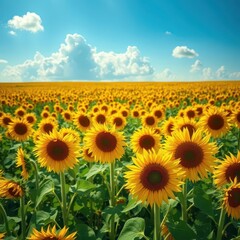 Fototapeta premium Fluffy white clouds drift serenely over a vast field of sunlit sunflowers, sun, peaceful
