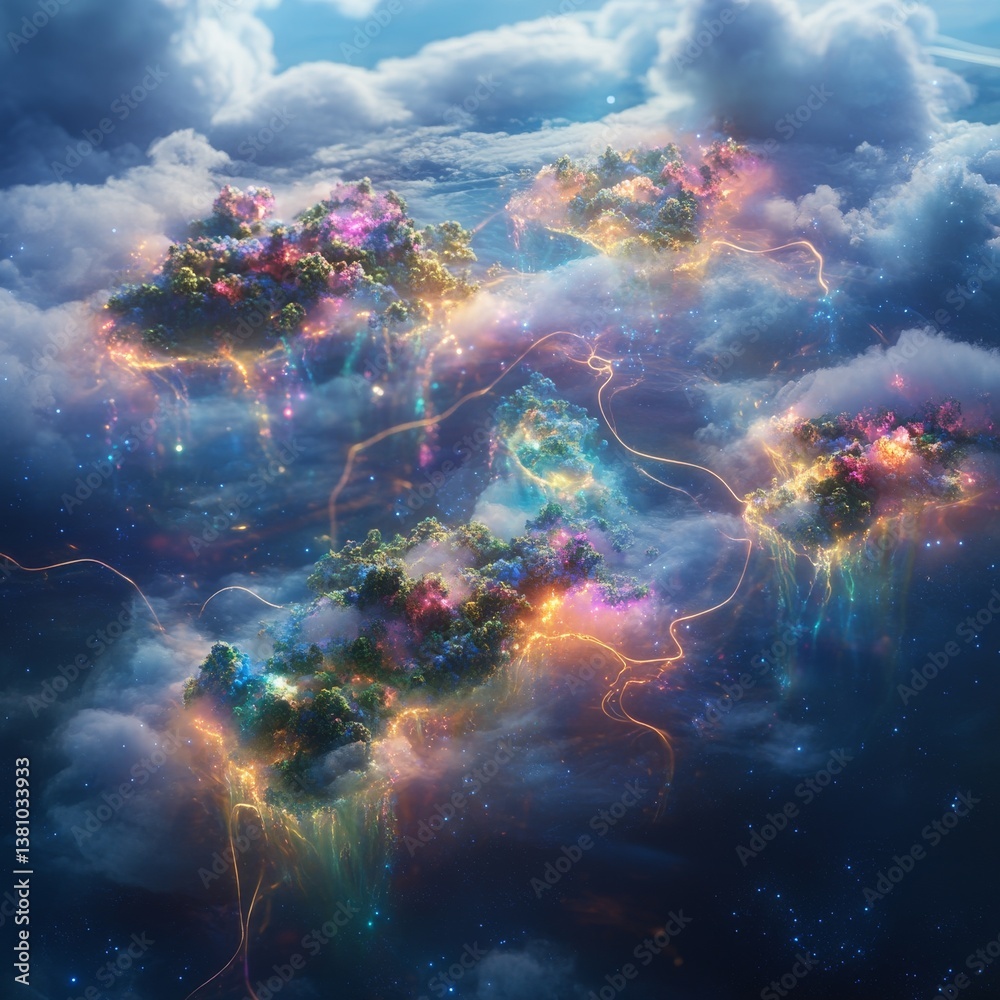 Poster dreamscape islands: floating realms in celestial skies with vibrant energies and sparkling lights