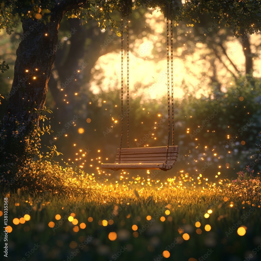 Poster Enchanting Evening: A Swing Set Bathed in Golden Light, Surrounded by a Mystical Glow and Whispering Trees