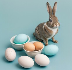 Obraz premium A cute, fluffy bunny seated on a nest of pastel-colored eggs, against a soft blue studio background. Generative AI