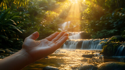 Hand Reaching Waterfall Sunlight Nature Tranquility