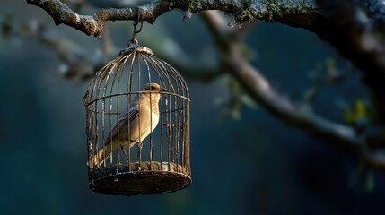 A bird inside a floating cage, surrounded by deep shadows, portraying loneliness and despair. No people.