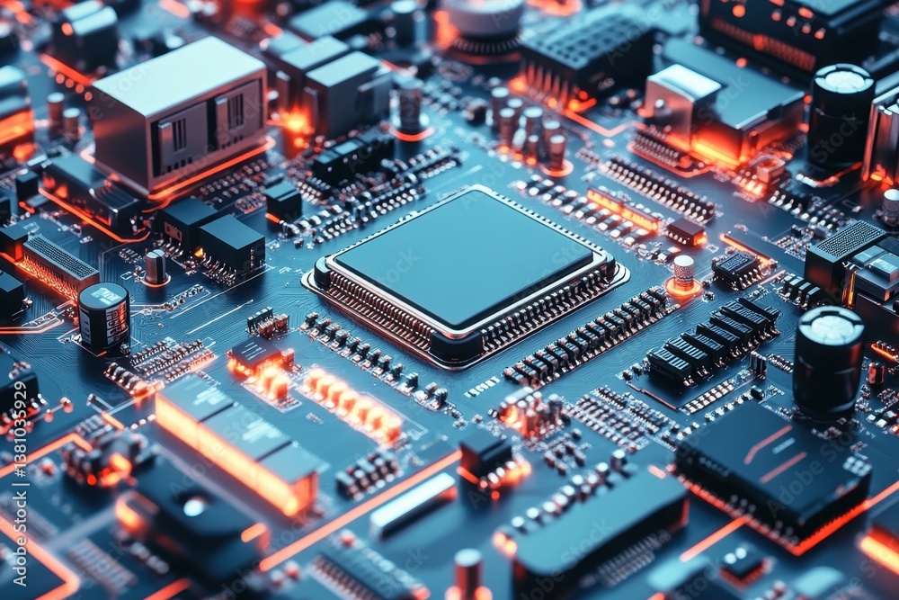 Poster close-up view of a computer circuit board with glowing components and intricate pathways