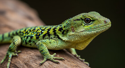 Fototapeta premium Green Spiny Lizard Perched on a Branch Detailed Close-up Shot