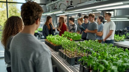 Students in a contemporary lab explore AI-driven farming innovations, highlighting education and the future of agricultural technology.