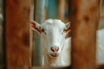 Close-up Shot of a White Goat's Head with a Blurred Background and Eye Level Perspective