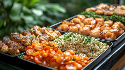Diverse selection of prepared food, ready-to-eat dishes, likely buffet style, featuring grilled items, rice, and vegetables