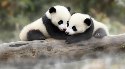 2 young panda bears hugging on a tree log