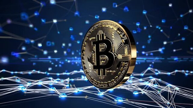 A digital-themed video concept featuring a low-angle view of a floating Bitcoin surrounded by glowing network nodes and connections. Live desktop wallpaper.