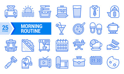 25 Blue Line Icons for Morning Routine Illustration.