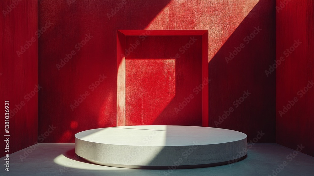 Poster in a modern interior space adorned with vivid red walls, a circular platform casts shadows that danc