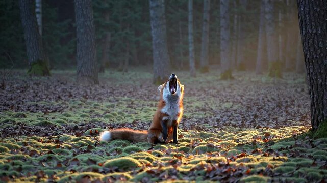 Renard roux assis au sol dans une for&ecirc;t au lever du soleil, b&acirc;illement expressif captur&eacute; en vid&eacute;o r&eacute;aliste avec lumi&egrave;re dor&eacute;e et mousse au sol, sc&egrave;ne paisible de nature sauvage