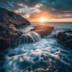 Obraz premium Dramatic coastal sunset. Water cascading over rocks at the shore, a vibrant sunset paints the sky