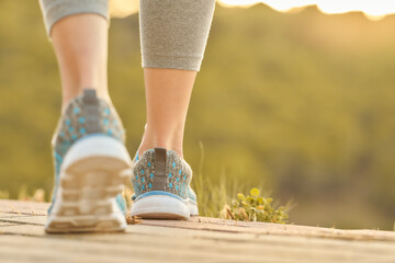 Person walking on a wooden path surrounded by greenery during golden hour