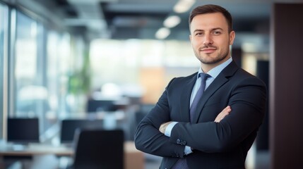 Fototapeta premium Confident businessman in formal attire, embodying professionalism and leadership in a modern office setting. 