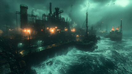 Industrial structures stormy seascape dark mood