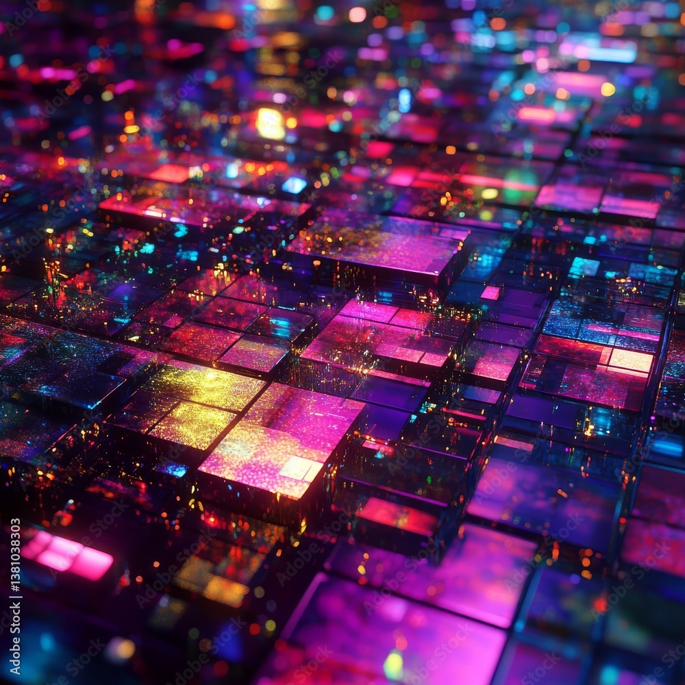 Poster Neon Grid: A Captivating Abstract of Interconnected Luminous Squares and Sparkling Details,  Infused with Vibrant and Colorful Light Reflections
