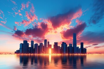 Fototapeta premium Vibrant city skyline at sunset reflected in water with colorful clouds overhead.