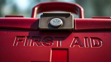 Red plastic first aid box with embossed lettering and lock, suitable for emergency and healthcare storage solutions.  
