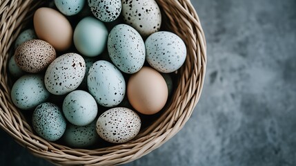 A Rustic Basket Filled with Speckled Easter Eggs